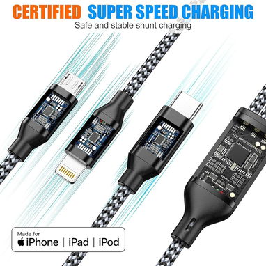 Cable 3 en 1 MFi Certificado 1.2m Nylon Trenzado Para iPhone/Android — SĂşper Resistente EnvĂo + GarantĂa - Img 107988876