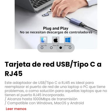 Tarjeta de red USB/Tipo C a RJ45 - 3/4