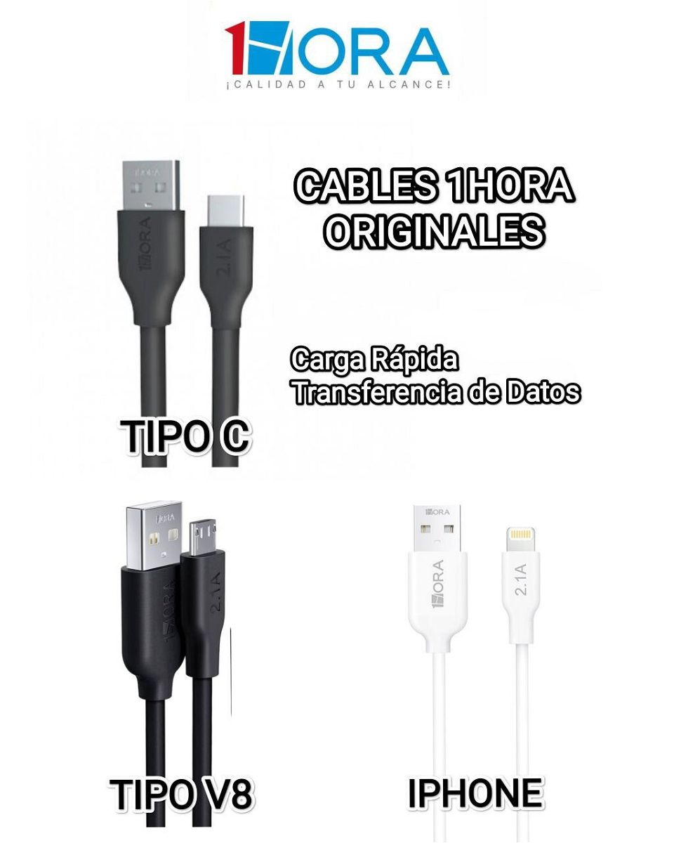 Cable Cargador USB Tipo C 1 Metro 2.1A Calidad Original 1HORA
