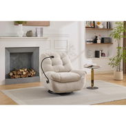 Sillón Exclusivo Reclinable tapizado en tela damasco color marfil Con Lámpara LED flexible y base giratoria - Img 57800802