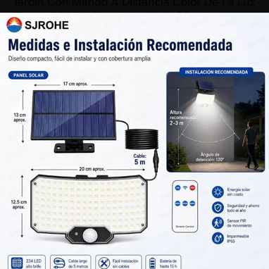Lámpara solar de pared exterior, 234 led, 200W, con control remoto y 3 modos de trabajo. Sensor de movimiento. 8000K luz - 2/4