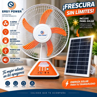 Ventilador Recargable EASY POWER + Panel Solar + Luz LED + USB”. - 2/2