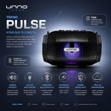 Bocina Unno Tekno Pulse TWS Bluetooth 5.0 5W LED Multicolor FM USB SD Aux Doble Enlace Estéreo Portátil/ 20 - Img 122928096