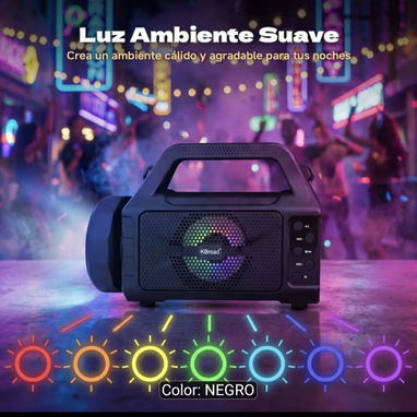 Bocina inalámbrica con Carga Solar, linterna LED 4 Modos. Radio FM, Bluetooth, USB, Tarjeta Micro sd, mas batería de 120 - 6/8