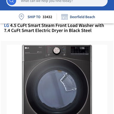 LG 4.5 CuFt smart steam front load washer. 7.4 CuFt smart electric dryer in black steel - Img 126186086