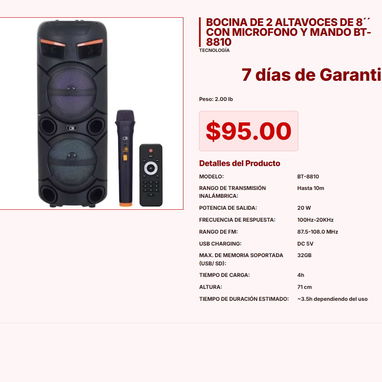 BOCINA DE 8 PULGADAS MS-2055BT $68.00, BOCINA 8'' CON MICRÓFONO 6000W P.M.P.O NDR-1095 $150.00 - 7/10