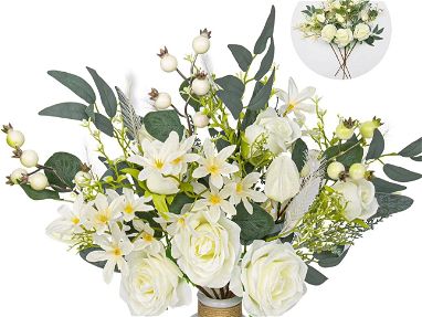 Arreglo de flores artificiales, 6 piezas de flores sintéticas en jarrón, ramos de flores de seda blanca para bodas, hoga - Img main-image-45735601
