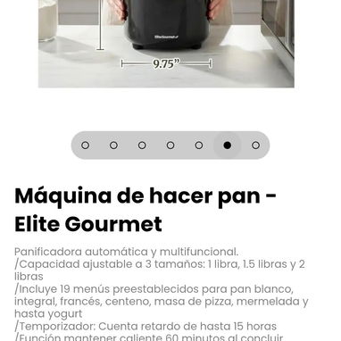 Máquina de hacer pan - Elite Gourmet. Capacidad ajustable a 3 tamaños: 1 libra, 1.5 libras y 2 libras - 6/7