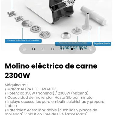 Molino eléctrico de carne 2300W Máquina mul. Marca: ALTRA LIFE - MGAC13 - 6/8