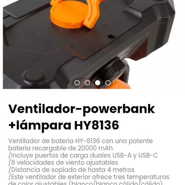 Ventilador-powerbank +lámpara HY8136.Ventilador de batería HY-8136 con una potente batería recargable de 20000 mAh - Img 121348835