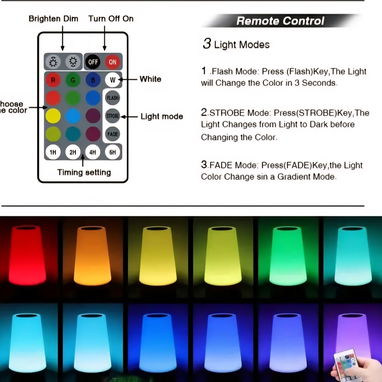 Lámpara recargable d noche led, táctil de 13 colores 3 modos 5 niveles de brillo con control remoto apagado programado - 2/3