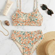 Trusa bikini talle alto con estampado floral pastel, talla M. Conjunto delicado con top estilo crop top de tirantes y bi - Img 56105199