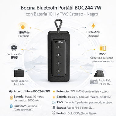 Bocina Bluetooth Portátil BOC244 7W con Batería 10H y TWS Estéreo - Negro / 25 / envio gratis zonas céntricas - Img 119291791