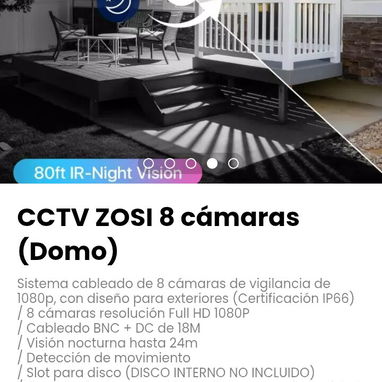 CCTV ZOSI 8 cámaras (Domo). 8 cámaras resolución Full HD 1080P. Slot para disco (DISCO INTERNO NO INCLUIDO). Nuevo - Img 109919910
