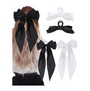 Lazos para el cabello, 4 pinzas para el pelo con lazo para mujer, cinta blanca de seda satinada, juego de cinta negra y - Img 45643684