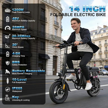 Bicicleta Eléctrica Plegable 14” 1200W 24MPH Batería 48V 10Ah Suspensión y Frenos de Disco - Img 124124317