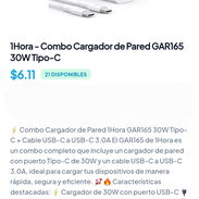 1HORA- Combo Cargador de Pared GAR165 30W Tipo-C - Img 56813585