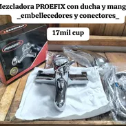 Llave Mezcladora agua fria y caliente incluye ducha y manguera marca Proefix acero inoxidable - Img 55239831