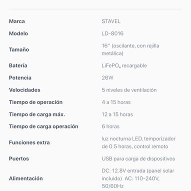 Ventilador Recargable Stavel 16" con panel solar y bombillo - Img 121789750