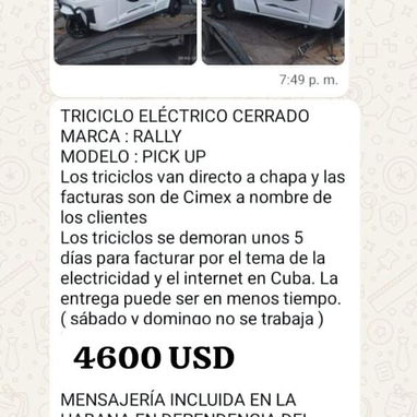 TRICICLO ELÉCTRICO CERRADO MARCA RALLY  MODELO PICK UP Los triciclos van directo a chapa y las facturas son de Cimex - Img 123157545