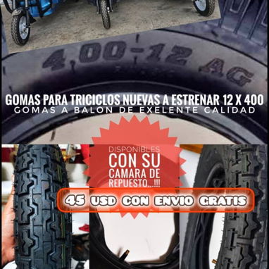 GOMAS DE TRICICLO 400 X 12 NUEVAS CON SU CAMARA ,SON A BALON✨✨✨ - Img 109372338