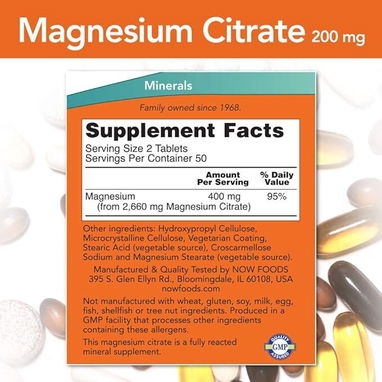 Citrato de Magnesio 200mg (NOW Foods · 100 tabletas) - 2/3