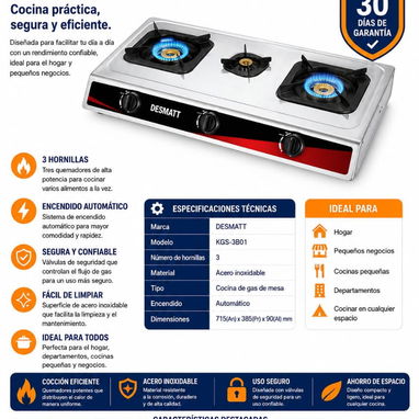 ​🍳 Cocina de Gas de Mesa DESMATT (3 Hornillas) por solo $30 🍳 - 2/2