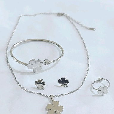 Juegos de collar aretes y pulso de flores trébol imitación van cleef de acero inoxidable - 5/7