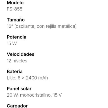 Ventilador recargable+ panel solar. 20W - 3/4