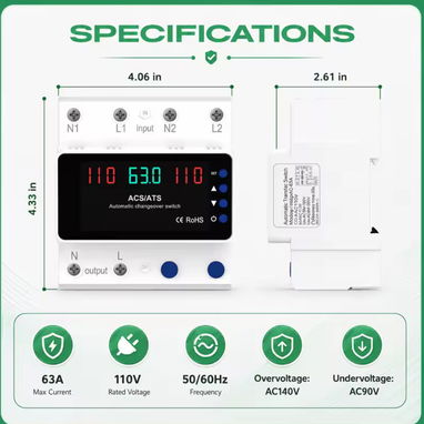 ATS Tranfer y Protector de corriente de sobrevoltaje 2 en 1,  63A 110Vol 2Polos - 4/5