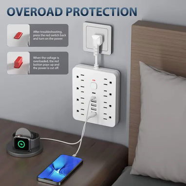 Regleta eléctrica compacta con múltiples tomas de corriente y puertos USB - 6/7