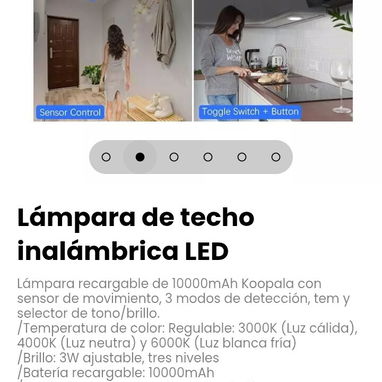 Lámpara de techo inalámbrica LED recargable de 10000mAh Koopala con sensor de movimiento - 2/6