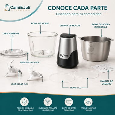 Procesador de alimentos. Picador eléctrico potente y multifuncional con doble bowl de cristal y acero inoxidable - 2/2