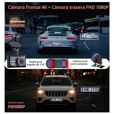 Cámara de tablero dual 4K+1080P para automóviles, WiFi de 5.8 GHz hasta 20 MB/s, visión nocturna WDR, IPS de 3 pulgadas - 3/4