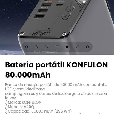 Batería portátil KONFULON 80.000mAh. Marca: KONFULON / Modelo: A49Q - 5/7