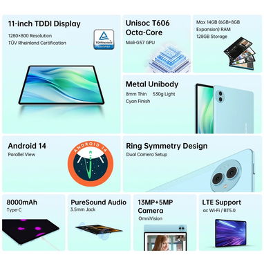 Tablet TECLAST P50 4G  11" Android 14, 6GB RAM, 128GB, 8000mAh - Img 119538055