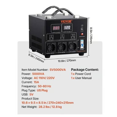Transformador Convertidor de Voltaje VEVOR 5000W 110V-220V Step Up Down Universal Negro - 7/10