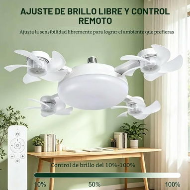 Lámpara con Bombilla,y ventilador de techo atornillada E27 2 en 1 con mando Diseño de 4 cabezales, LED/Diana - 6/7