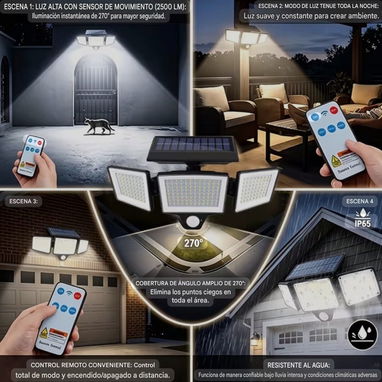 Lámpara Solar Exterior Con Sensor De Movimiento 3 Cabezales Ajustables IP65 Para Seguridad - 2/8