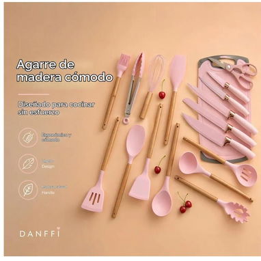 💜Set de utensilios de cocina de 19 piezas Silicona y mango de madera Precio: 30 - 6/7