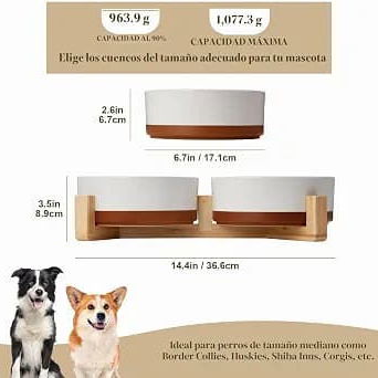 Comedero Bebedero de Cerámica con Base de Madera - 3/5