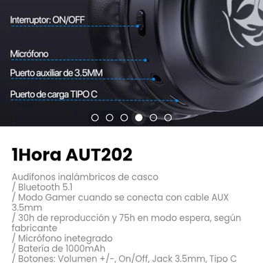 1Hora AUT202 Audífonos inalámbricos de casco - Img 122431317